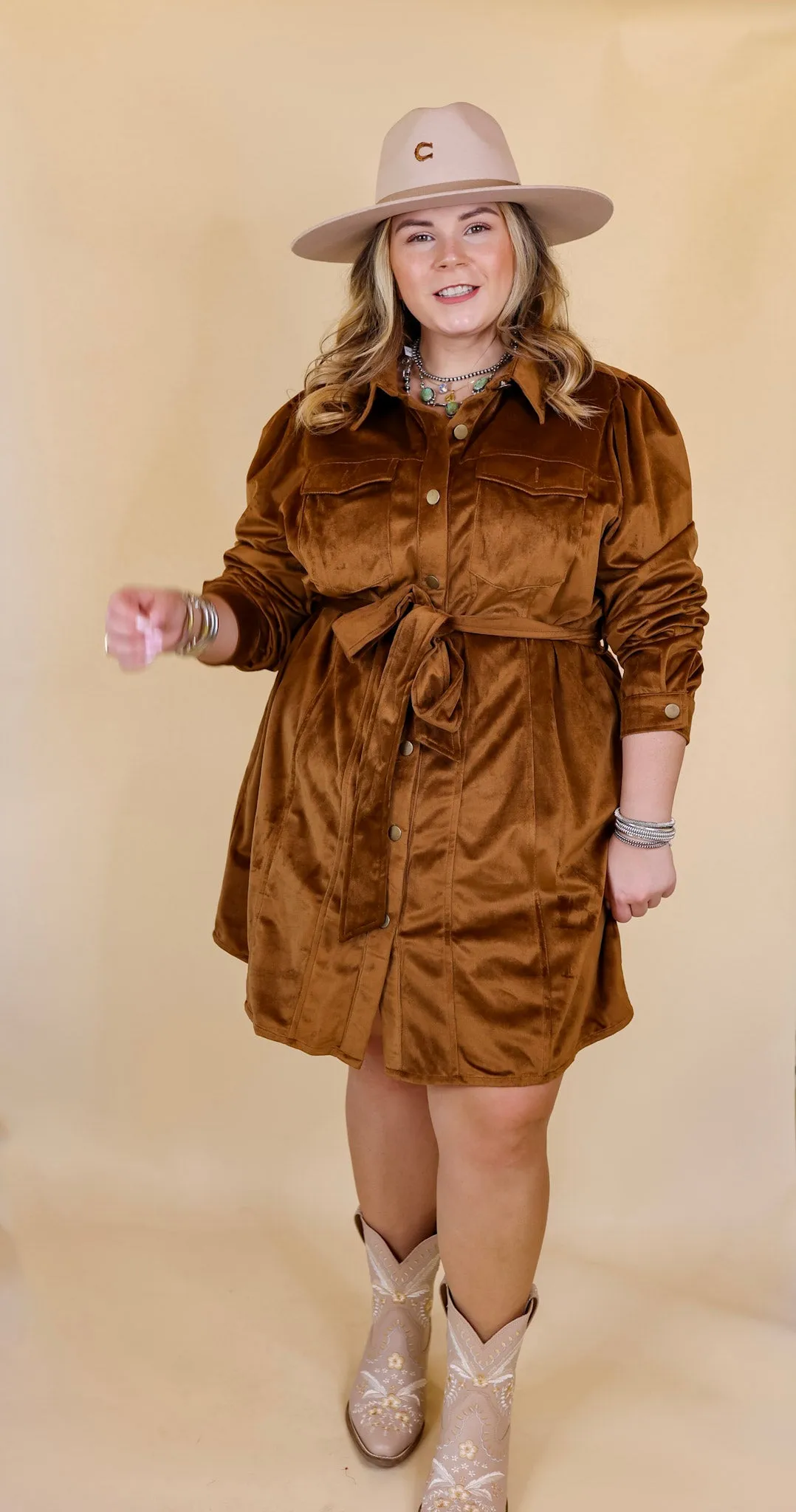 Free And Flirty Suede Button Up Dress with Waist Tie in Brown
