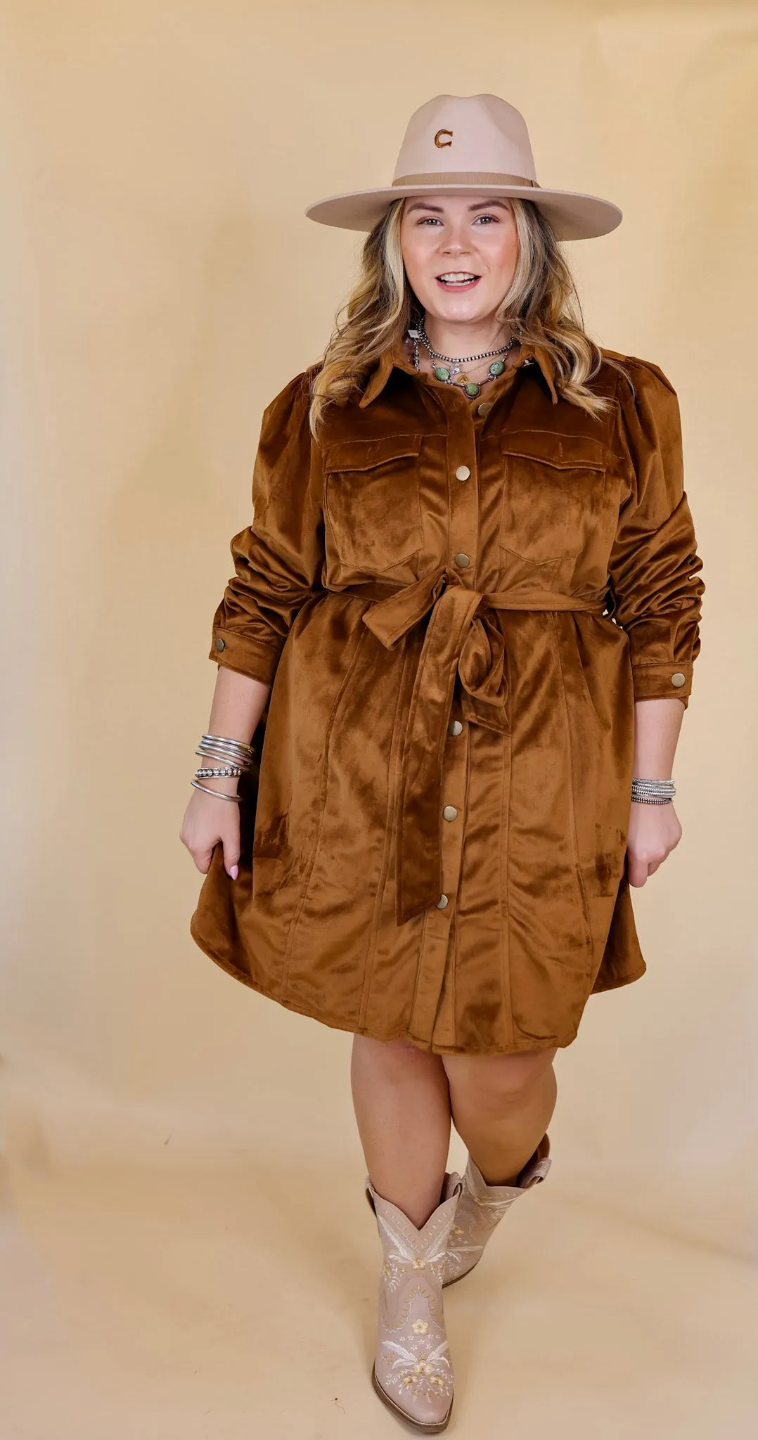 Free And Flirty Suede Button Up Dress with Waist Tie in Brown