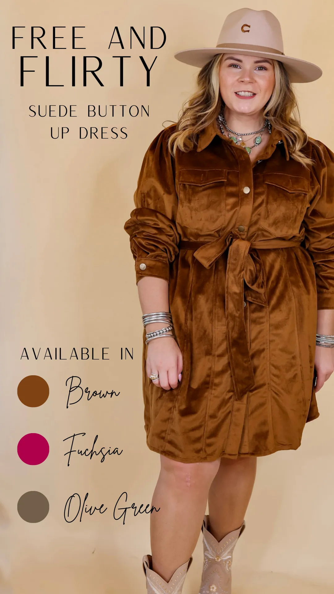 Free And Flirty Suede Button Up Dress with Waist Tie in Brown