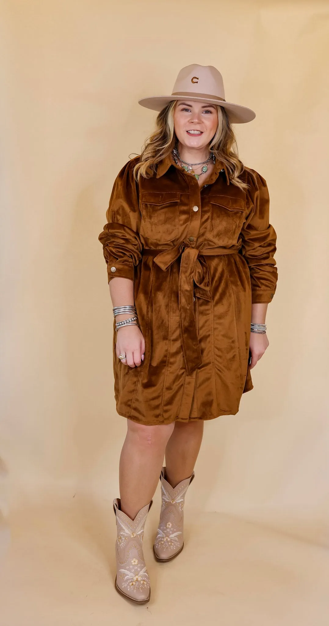 Free And Flirty Suede Button Up Dress with Waist Tie in Brown