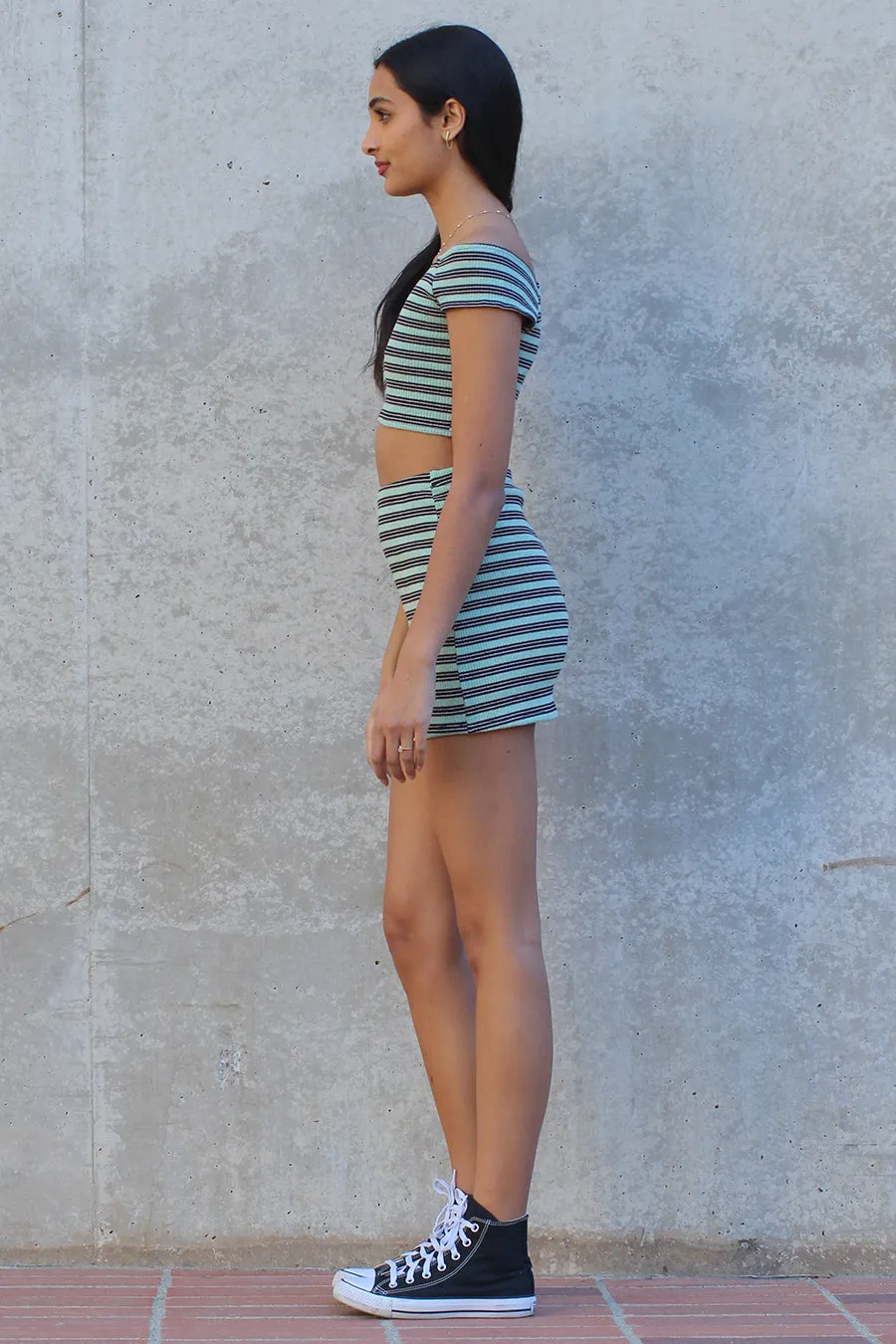 Off Shoulder Crop Top - Stretchy Green Stripe