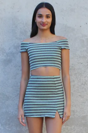 Off Shoulder Crop Top - Stretchy Green Stripe